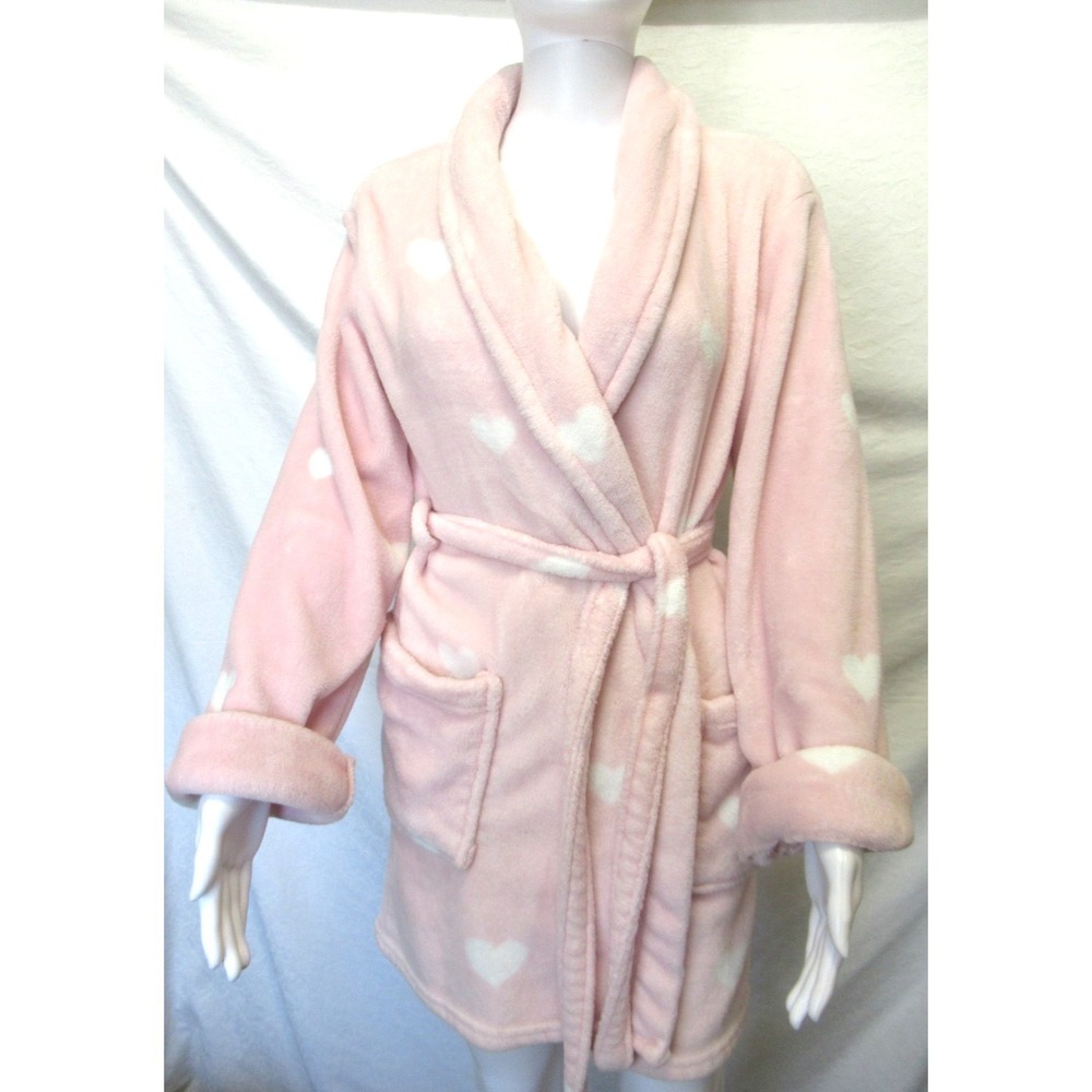 P.J. Salvage Women's Size Medium PINK With White Hearts PLUSH BATH ROBE